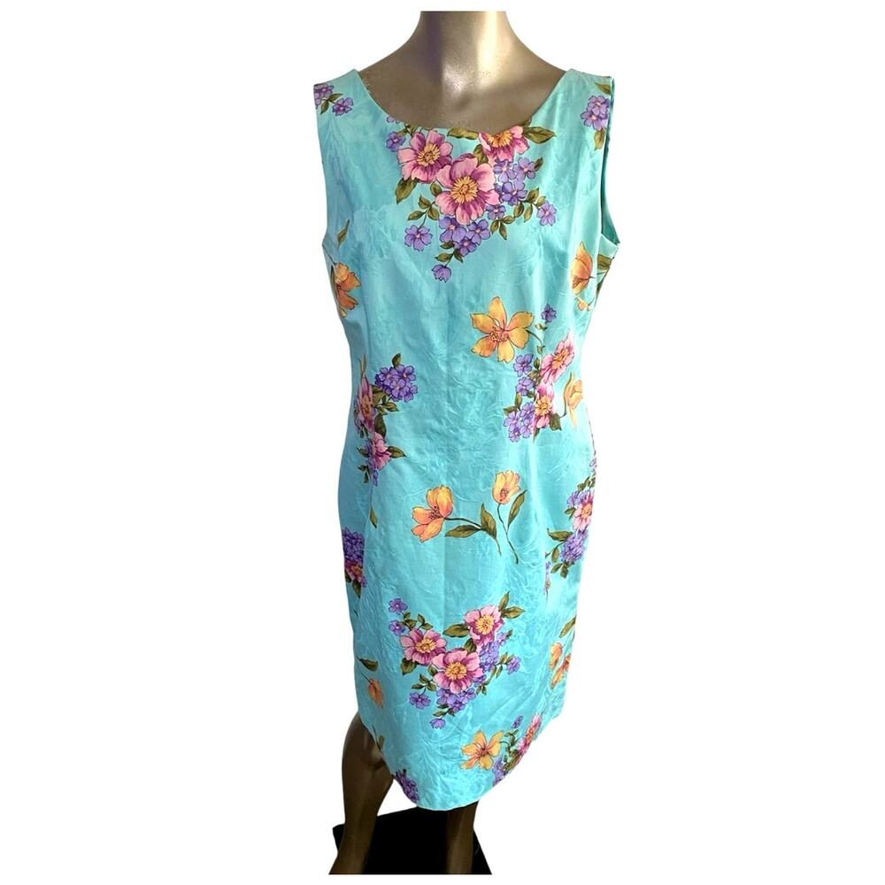 Vintage K Studio Floral Sheath Dress SZ 14 Cotton Sleeveless Tea Party Blue